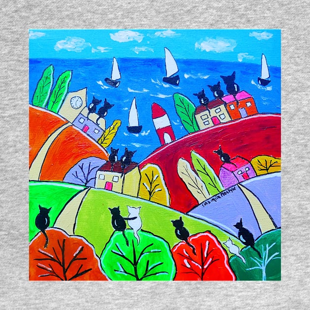 Cats on colourful roofs looking at sailing boats by Casimirasquirkyart